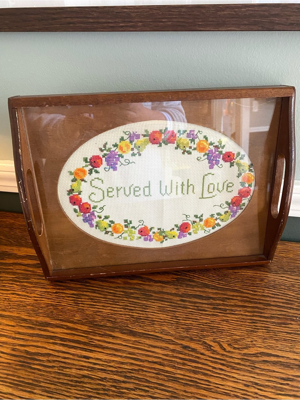 Vintage 80s Creative Circle Cross Stitch Wood Serving Tray Served w Love